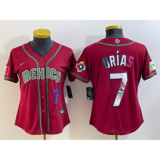 Women's Mexico Baseball #7 Julio Urias Number 2023 Red World Baseball Classic Stitched Jersey5 Women's Mexico Baseball #7 Julio Urias Number 2023 Red World Baseball Classic Stitched Jersey5