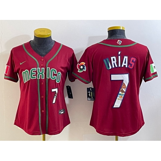 Women's Mexico Baseball #7 Julio Urias Number 2023 Red World Baseball Classic Stitched Jersey Women's Mexico Baseball #7 Julio Urias Number 2023 Red World Baseball Classic Stitched Jersey