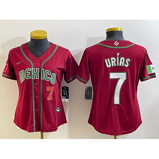 Women's Mexico Baseball #7 Julio Urias Number 2023 Red World Baseball Classic Stitched Jerseys Women's Mexico Baseball #7 Julio Urias Number 2023 Red World Baseball Classic Stitched Jerseys