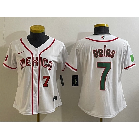 Women's Mexico Baseball #7 Julio Urias Number 2023 White World Classic Stitched Jersey1 Women's Mexico Baseball #7 Julio Urias Number 2023 White World Classic Stitched Jersey1