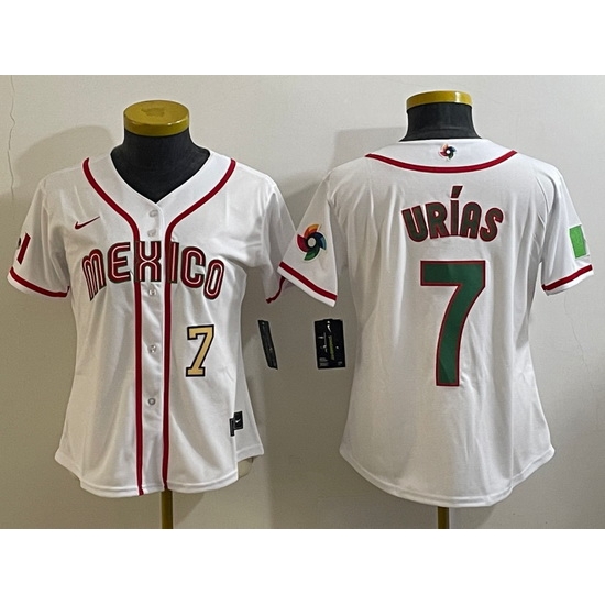 Women's Mexico Baseball #7 Julio Urias Number 2023 White World Classic Stitched Jersey3 Women's Mexico Baseball #7 Julio Urias Number 2023 White World Classic Stitched Jersey3