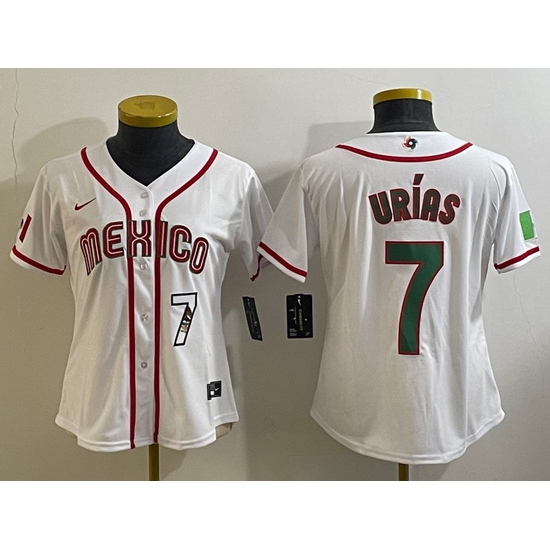 Women's Mexico Baseball #7 Julio Urias Number 2023 White World Classic Stitched Jersey4 Women's Mexico Baseball #7 Julio Urias Number 2023 White World Classic Stitched Jersey4