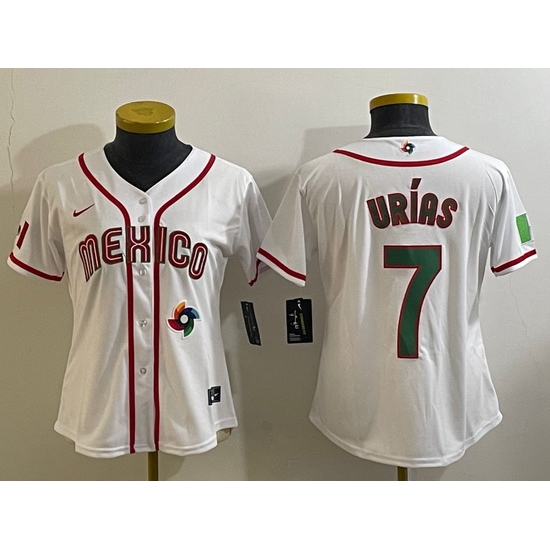 Women's Mexico Baseball #7 Julio Urias Number 2023 White World Classic Stitched Jersey9 Women's Mexico Baseball #7 Julio Urias Number 2023 White World Classic Stitched Jersey9