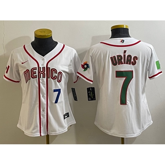 Women's Mexico Baseball #7 Julio Urias Number 2023 White World Classic Stitched Jersey Women's Mexico Baseball #7 Julio Urias Number 2023 White World Classic Stitched Jersey
