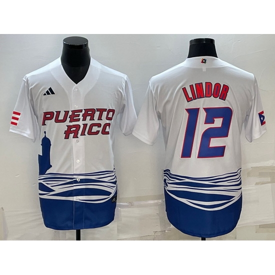 Men Puerto Rico Baseball 12 Francisco Lindor 2023 White World Baseball Classic Stitched Jersey Men Puerto Rico Baseball 12 Francisco Lindor 2023 White World Baseball Classic Stitched Jersey