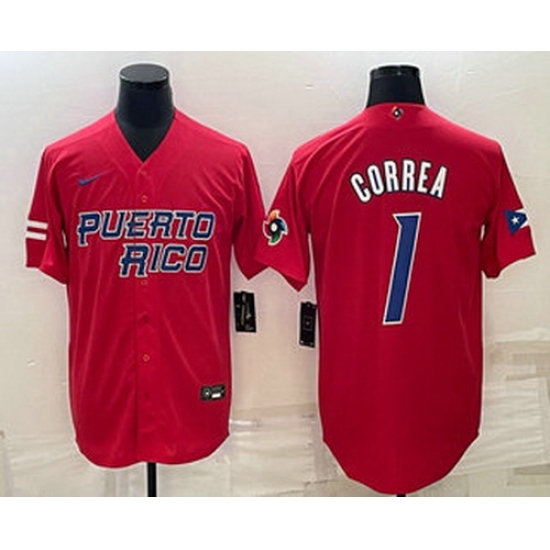 Men's Puerto Rico Baseball #1 Carlos Correa 2023 Red World Baseball Classic Stitched Jerseys Men's Puerto Rico Baseball #1 Carlos Correa 2023 Red World Baseball Classic Stitched Jerseys
