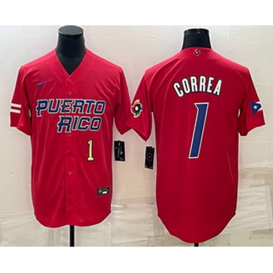 Men's Puerto Rico Baseball #1 Carlos Correa Number 2023 Red World Baseball Classic Stitched Jerseys Men's Puerto Rico Baseball #1 Carlos Correa Number 2023 Red World Baseball Classic Stitched Jerseys