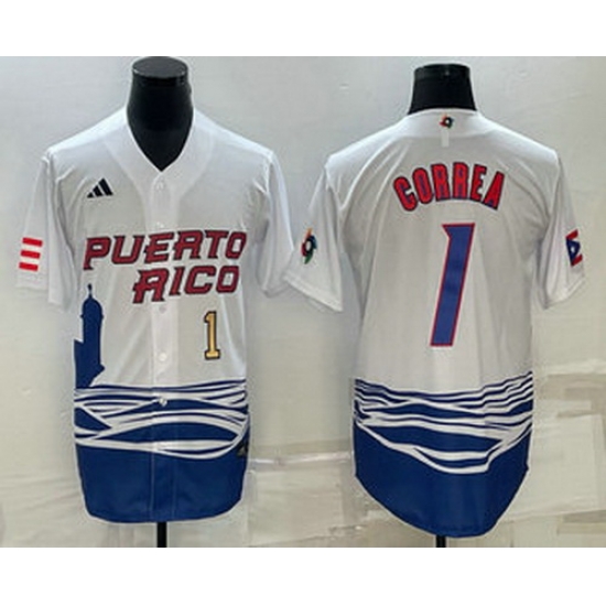 Men's Puerto Rico Baseball #1 Carlos Correa Number White 2023 World Baseball Classic Stitched Jerseys Men's Puerto Rico Baseball #1 Carlos Correa Number White 2023 World Baseball Classic Stitched Jerseys