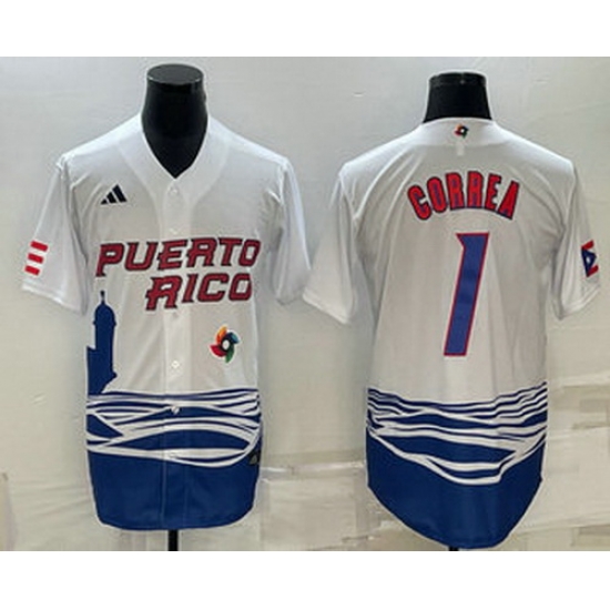 Men's Puerto Rico Baseball #1 Carlos Correa White 2023 World Baseball Classic Stitched Jersey Men's Puerto Rico Baseball #1 Carlos Correa White 2023 World Baseball Classic Stitched Jersey