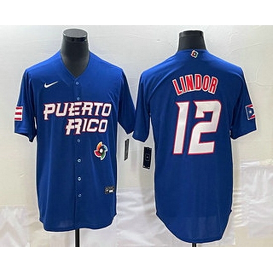 Men's Puerto Rico Baseball #12 Francisco Lindor 2023 Royal World Classic Stitched Jersey Men's Puerto Rico Baseball #12 Francisco Lindor 2023 Royal World Classic Stitched Jersey