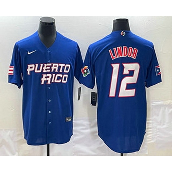 Men's Puerto Rico Baseball #12 Francisco Lindor 2023 Royal World Classic Stitched Jerseys Men's Puerto Rico Baseball #12 Francisco Lindor 2023 Royal World Classic Stitched Jerseys