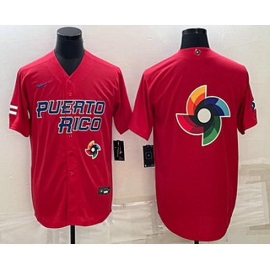 Men's Puerto Rico Baseball 2023 Red World Baseball Big Logo With Patch Classic Stitched Jersey Men's Puerto Rico Baseball 2023 Red World Baseball Big Logo With Patch Classic Stitched Jersey