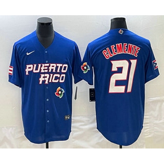 Men's Puerto Rico Baseball #21 Roberto Clemente 2023 Blue World Classic Stitched Jersey Men's Puerto Rico Baseball #21 Roberto Clemente 2023 Blue World Classic Stitched Jersey