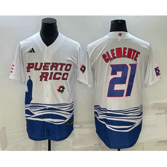 Men's Puerto Rico Baseball #21 Roberto Clemente 2023 White World Baseball Classic Stitched Jersey Men's Puerto Rico Baseball #21 Roberto Clemente 2023 White World Baseball Classic Stitched Jersey
