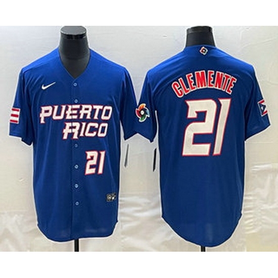 Men's Puerto Rico Baseball #21 Roberto Clemente Number 2023 Blue World Classic Stitched Jerseys Men's Puerto Rico Baseball #21 Roberto Clemente Number 2023 Blue World Classic Stitched Jerseys