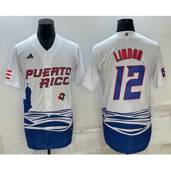 Men's Puerto Rico Baseball #23 Francisco Lindor White 2023 World Baseball Classic Stitched Jersey Men's Puerto Rico Baseball #23 Francisco Lindor White 2023 World Baseball Classic Stitched Jersey