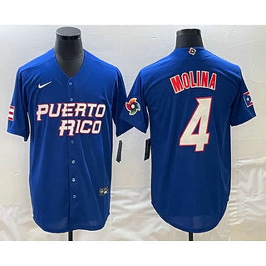 Men's Puerto Rico Baseball #4 Yadier Molina 2023 Blue World Baseball Classic Stitched Jerseys Men's Puerto Rico Baseball #4 Yadier Molina 2023 Blue World Baseball Classic Stitched Jerseys