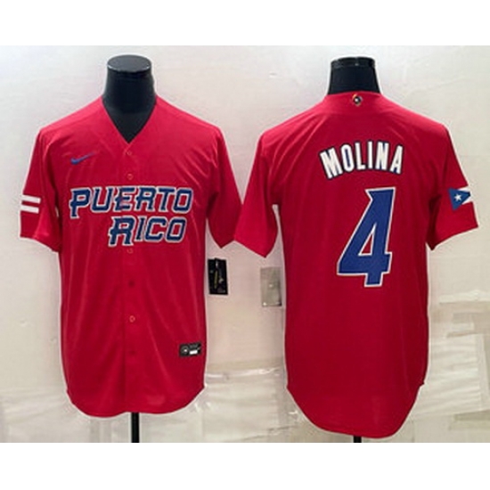 Men's Puerto Rico Baseball #4 Yadier Molina 2023 Red World Baseball Classic Stitched Jersey I Men's Puerto Rico Baseball #4 Yadier Molina 2023 Red World Baseball Classic Stitched Jersey I