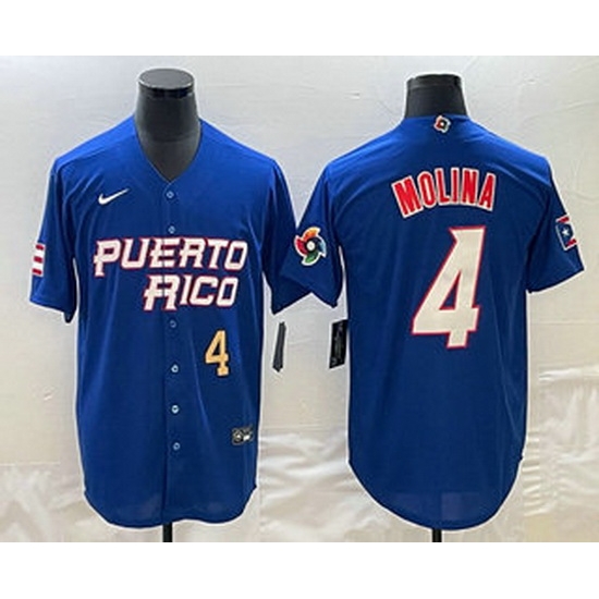 Men's Puerto Rico Baseball #4 Yadier Molina Number 2023 Blue World Baseball Classic Stitched Jerseys Men's Puerto Rico Baseball #4 Yadier Molina Number 2023 Blue World Baseball Classic Stitched Jerseys