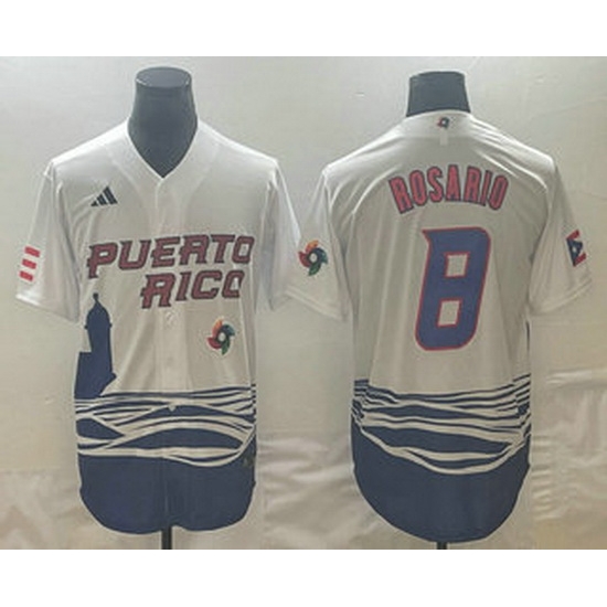 Men's Puerto Rico Baseball #8 Eddie Rosario 2023 White World Classic Stitched Jerseys Men's Puerto Rico Baseball #8 Eddie Rosario 2023 White World Classic Stitched Jerseys