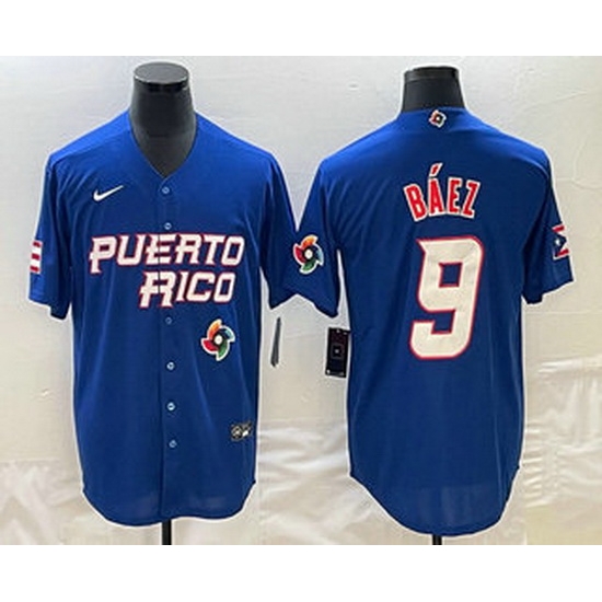 Men's Puerto Rico Baseball #9 Javier Baez 2023 Blue World Baseball Classic Stitched Jersey Men's Puerto Rico Baseball #9 Javier Baez 2023 Blue World Baseball Classic Stitched Jersey