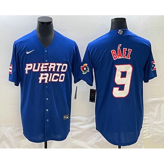 Men's Puerto Rico Baseball #9 Javier Baez 2023 Blue World Baseball Classic Stitched Jerseys Men's Puerto Rico Baseball #9 Javier Baez 2023 Blue World Baseball Classic Stitched Jerseys