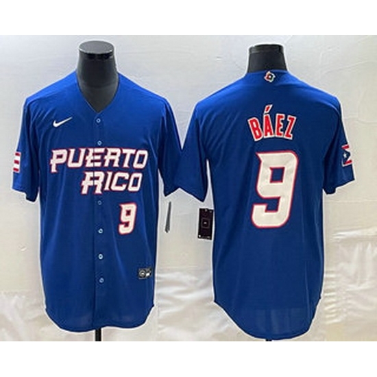 Men's Puerto Rico Baseball #9 Javier Baez Number 2023 Blue World Baseball Classic Stitched Jerseys Men's Puerto Rico Baseball #9 Javier Baez Number 2023 Blue World Baseball Classic Stitched Jerseys