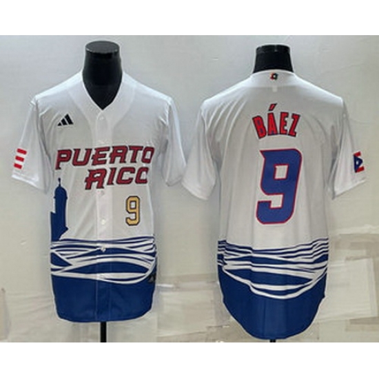 Men's Puerto Rico Baseball #9 Javier Baez Number White 2023 World Baseball Classic Stitched Jerseys Men's Puerto Rico Baseball #9 Javier Baez Number White 2023 World Baseball Classic Stitched Jerseys