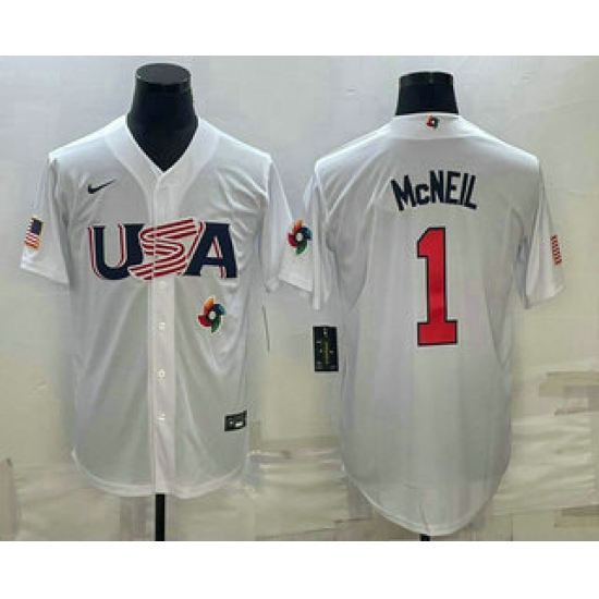 Men USA Baseball #1 Jeff McNeil 2023 White World Classic Stitched Jerseys Men USA Baseball #1 Jeff McNeil 2023 White World Classic Stitched Jerseys