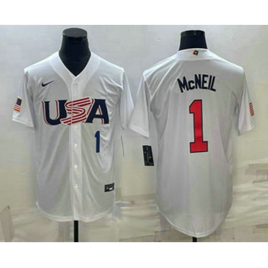 Men USA Baseball #1 Jeff McNeil Number 2023 White World Classic Stitched Jerseys Men USA Baseball #1 Jeff McNeil Number 2023 White World Classic Stitched Jerseys