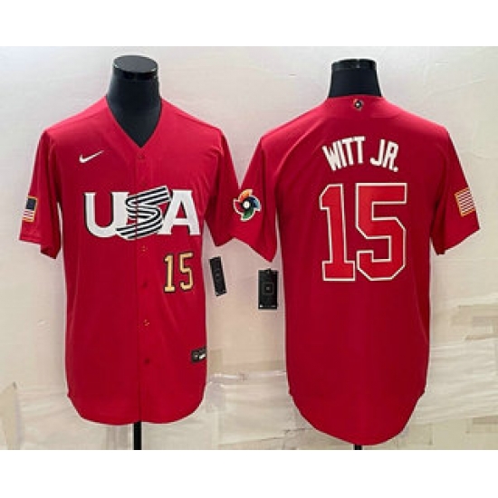 Men USA Baseball #15 Bobby Witt Jr Number 2023 Red World Baseball Classic Stitched Jersey 1 Men USA Baseball #15 Bobby Witt Jr Number 2023 Red World Baseball Classic Stitched Jersey 1