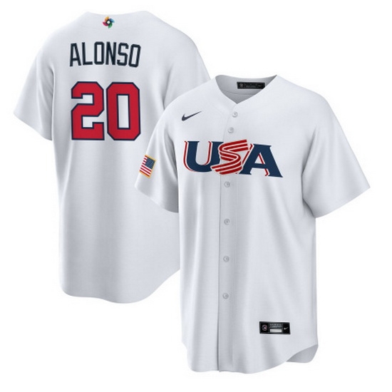 Men USA Baseball 20 Pete Alonso 2023 White World Baseball Classic Replica Stitched Jersey Men USA Baseball 20 Pete Alonso 2023 White World Baseball Classic Replica Stitched Jersey