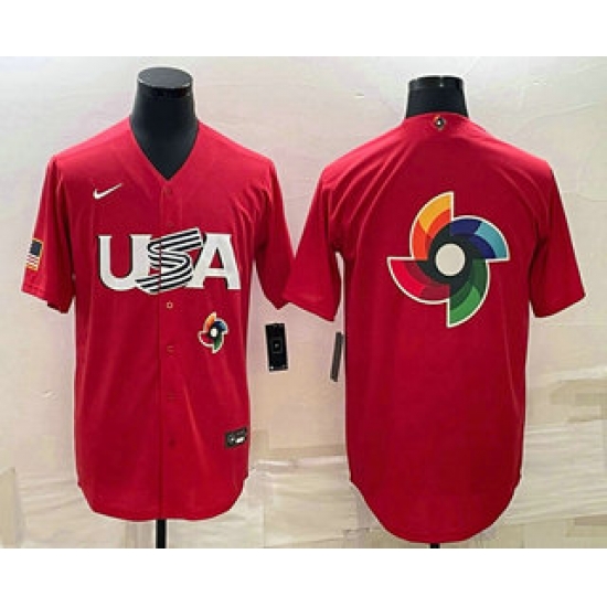 Men USA Baseball 2023 Red World Big Logo With Patch Classic Stitched Jerseys Men USA Baseball 2023 Red World Big Logo With Patch Classic Stitched Jerseys