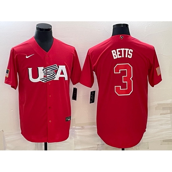 Men USA Baseball 3 Mookie Betts 2023 Red World Baseball Classic Stitched Jersey Men USA Baseball 3 Mookie Betts 2023 Red World Baseball Classic Stitched Jersey