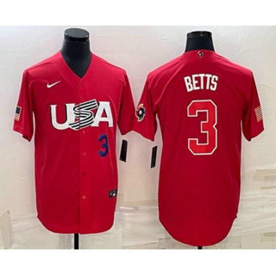 Men USA Baseball #3 Mookie Betts Number 2023 Red World Classic Stitched Jersey1 Men USA Baseball #3 Mookie Betts Number 2023 Red World Classic Stitched Jersey1