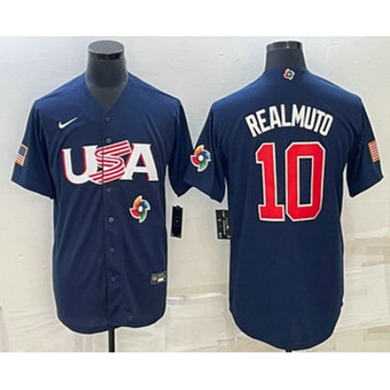 Men's USA Baseball #10 JT Realmuto 2023 Navy World Baseball Classic Stitched Jerseys Men's USA Baseball #10 JT Realmuto 2023 Navy World Baseball Classic Stitched Jerseys