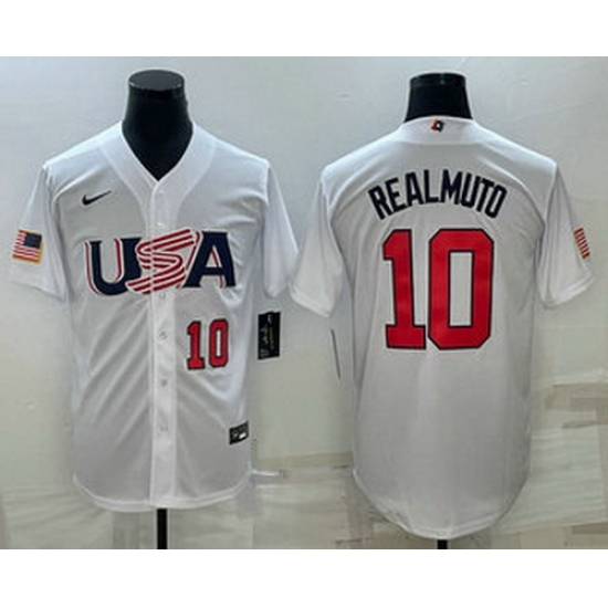 Men's USA Baseball #10 JT Realmuto Number 2023 White World Baseball Classic Stitched Jerseys Men's USA Baseball #10 JT Realmuto Number 2023 White World Baseball Classic Stitched Jerseys