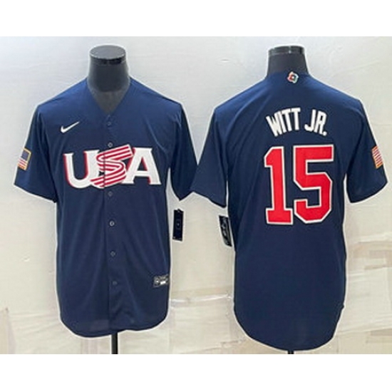 Men's USA Baseball #15 Bobby Witt Jr 2023 Navy World Baseball Classic Stitched Jerseys Men's USA Baseball #15 Bobby Witt Jr 2023 Navy World Baseball Classic Stitched Jerseys