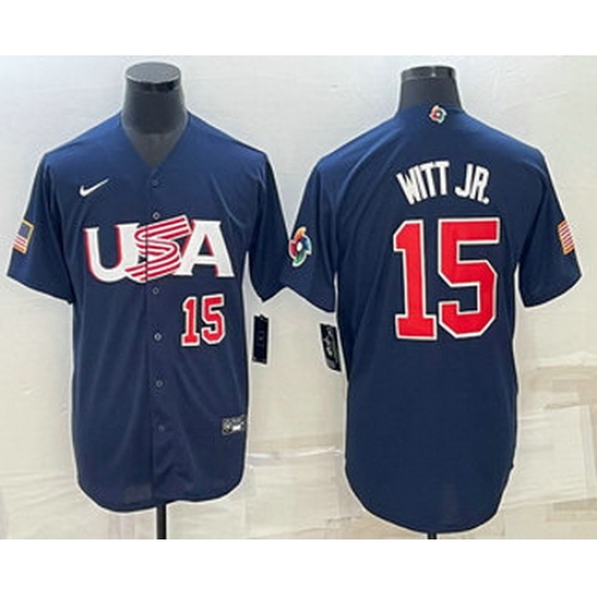 Men's USA Baseball #15 Bobby Witt Jr Number 2023 Navy World Baseball Classic Stitched Jerseys Men's USA Baseball #15 Bobby Witt Jr Number 2023 Navy World Baseball Classic Stitched Jerseys