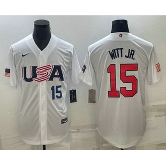 Men's USA Baseball #15 Bobby Witt Jr Number 2023 White World Baseball Classic Replica Stitched Jerseys Men's USA Baseball #15 Bobby Witt Jr Number 2023 White World Baseball Classic Replica Stitched Jerseys