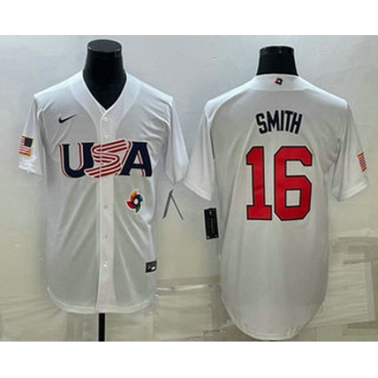 Men's USA Baseball #16 Will Smith 2023 White World Baseball Classic Stitched Jerseys Men's USA Baseball #16 Will Smith 2023 White World Baseball Classic Stitched Jerseys