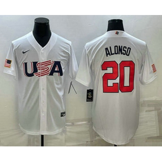 Men's USA Baseball #20 Pete Alonso 2023 White World Baseball Classic Stitched Jerseys Men's USA Baseball #20 Pete Alonso 2023 White World Baseball Classic Stitched Jerseys