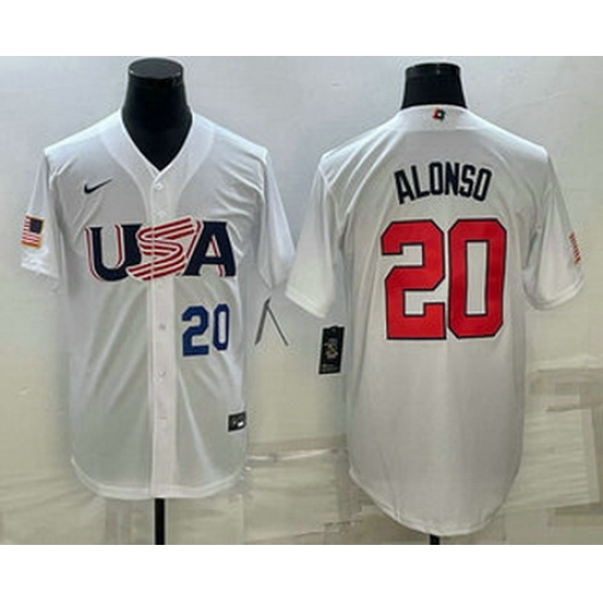 Men's USA Baseball #20 Pete Alonso Number 2023 White World Baseball Classic Stitched Jerseys Men's USA Baseball #20 Pete Alonso Number 2023 White World Baseball Classic Stitched Jerseys