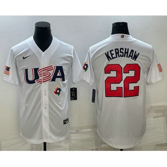 Men's USA Baseball #22 Clayton Kershaw 2023 White World Baseball Classic Stitched Jersey Men's USA Baseball #22 Clayton Kershaw 2023 White World Baseball Classic Stitched Jersey