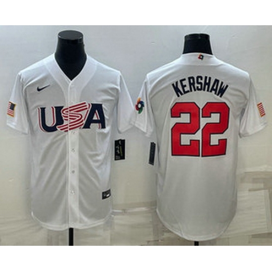 Men's USA Baseball #22 Clayton Kershaw 2023 White World Baseball Classic Stitched Jerseys Men's USA Baseball #22 Clayton Kershaw 2023 White World Baseball Classic Stitched Jerseys