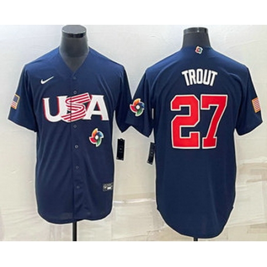 Men's USA Baseball #27 Mike Trout 2023 Navy World Baseball Classic Stitched Jersey Men's USA Baseball #27 Mike Trout 2023 Navy World Baseball Classic Stitched Jersey