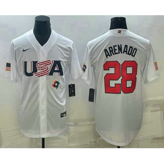 Men's USA Baseball #28 Nolan Arenado Number 2023 White World Baseball Classic Replica Stitched Jersey1 Men's USA Baseball #28 Nolan Arenado Number 2023 White World Baseball Classic Replica Stitched Jersey1