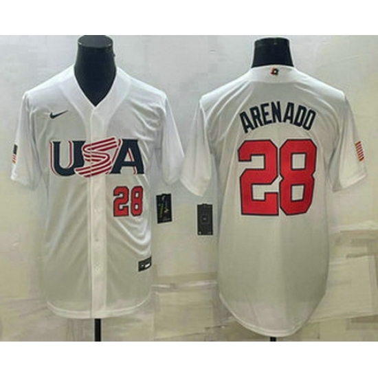 Men's USA Baseball #28 Nolan Arenado Number 2023 White World Baseball Classic Replica Stitched Jersey Men's USA Baseball #28 Nolan Arenado Number 2023 White World Baseball Classic Replica Stitched Jersey