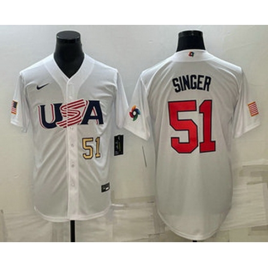 Men's USA Baseball #51 Brady Singer Number 2023 White World Baseball Classic Stitched Jerseys Men's USA Baseball #51 Brady Singer Number 2023 White World Baseball Classic Stitched Jerseys