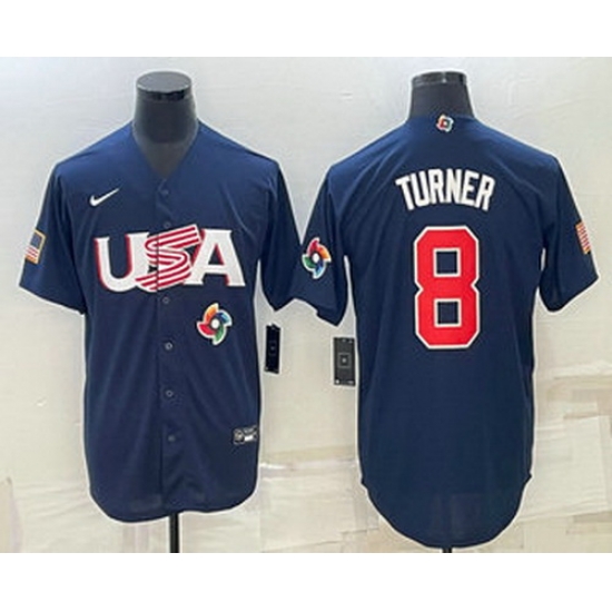 Men's USA Baseball #8 Trea Turner 2023 Navy World Baseball Classic Stitched Jersey Men's USA Baseball #8 Trea Turner 2023 Navy World Baseball Classic Stitched Jersey